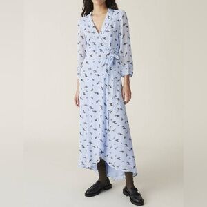 GANNI Floral Print Wrap Dress, Blue and Black Flowy Midi Dress, Size 38 EU/ 8 US